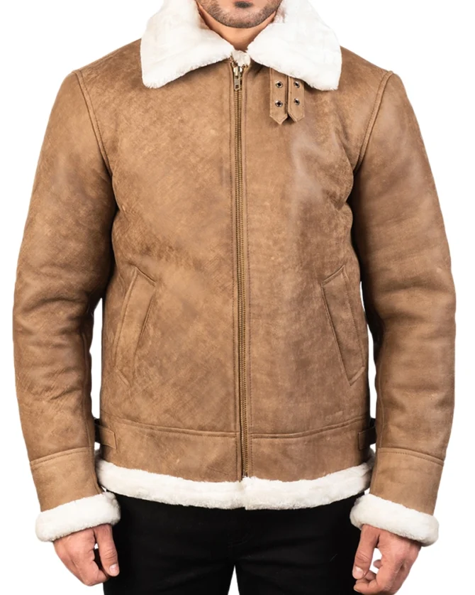 Men’s B-3 Distressed Brown Leather Bomber Jacket - Image 4