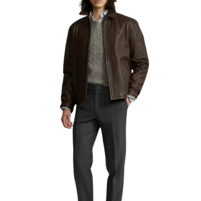 Men Simple Brown Leather Jacket - Image 3