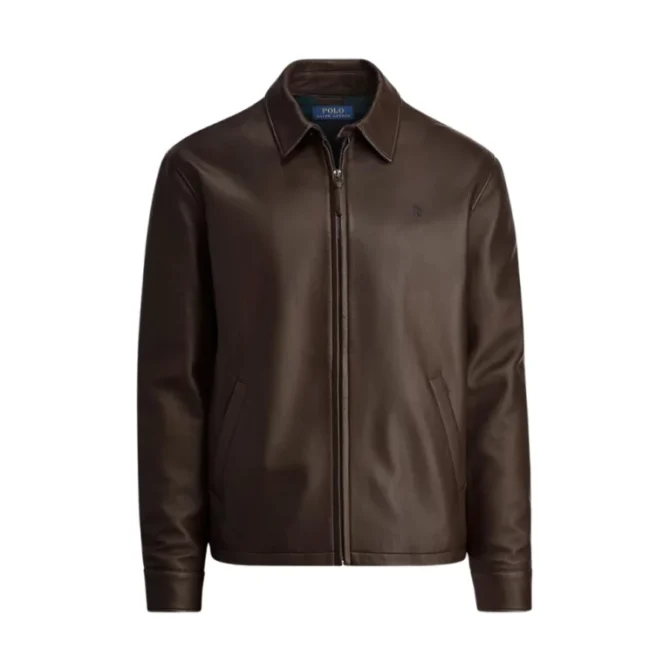 Men Simple Brown Leather Jacket - Image 2