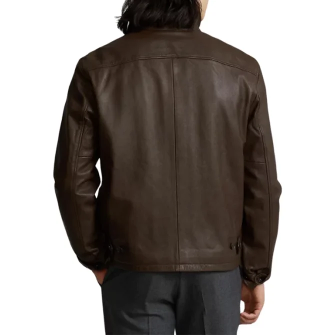 Men Simple Brown Leather Jacket - Image 4